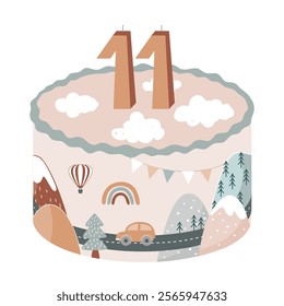 Cute bento cake decorated with abstract Scandinavian mountains landscape, road, car, and number 11 cake. Explore adventure landscape. Happy Birthday design element. Isolated vector illustration