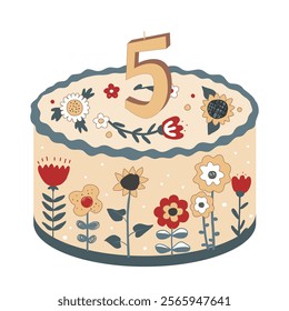 Cute bento cake decorated with abstract Scandinavian flowers and number 5 lighting candle. Happy Birthday design element, pastel palette. Isolated vector illustration