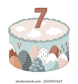 Cute bento cake decorated with abstract Scandinavian landscape and number 7 candle. Happy Birthday design element, pastel palette. Isolated vector illustration