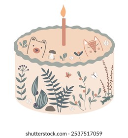 Cute bento cake decorated with forest plants, one lighting candle and animals heads. Happy Birthday design element, neutral palette.