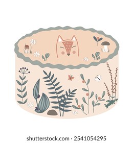 Cute bento cake decorated with forest plants, and cartoon fox portrait. Happy Birthday design element, neutral palette. Isolated vector illustration.