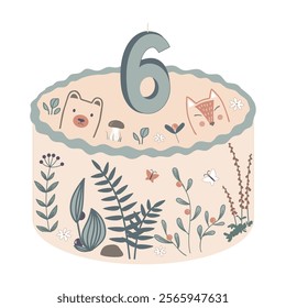 Cute bento cake decorated with forest plants, number 6 candle and animals heads. Happy Birthday design element, neutral palette.