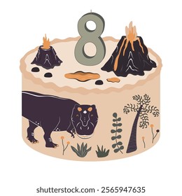 Cute bento cake with dinosaur, volcano and prehistoric plants. Number 8 candle. Jurassic Happy Birthday topic design element for babies and kids. Isolated vector illustration