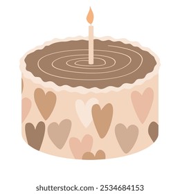 Cute bento cake with hearts and one lighting candle. Happy Birthday isolated design element, neutral beige palette