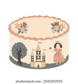 Bolo bento bonito para uma menina decorada com flores de doodle, castelo e retrato de princesa. Feliz aniversário decoração de bolo doce isolada. Ilustração vetorial.