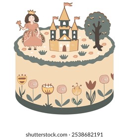 Cute bento cake for little princess girl decorated with flowers and toppers. Happy Birthday isolated design element, sweet cake decoration. Vector illustration.