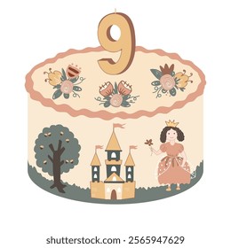 Cute bento cake for little princess girl decorated with flowers and number 9 candle. Happy Birthday isolated design element, sweet cake decoration. Vector illustration.