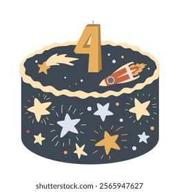 Cute bento cake with stars, rocket and number 4 lighting candle. Cosmic Space Happy Birthday design element for babies and kids. Isolated vector illustration