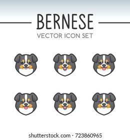 Cute Bernese Mountain Dog breed vector icon sticker set inspired by kawaii Japanese anime style. Berner puppy face showing various emotions. Emoticon, emoji or costume mask template. Expanded lines.