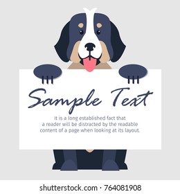 Cute Bernese Mountain Dog with open maw holds signboard with text isolated on grey background. Smart and loyal dog breed vector illustration. Cartoon fluffy domestic animal with calm character.