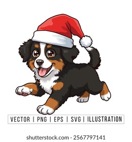 Cute Bernese Mountain Dog Puppy in Santa Hat - Christmas Cartoon Vector Illustration