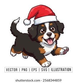 Cute Bernese Mountain Dog Puppy in Santa Hat - Christmas Cartoon Vector Illustration