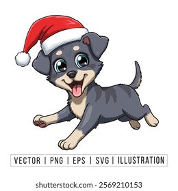 Cute Bernese Mountain Dog Puppy in Santa Hat - Christmas Cartoon Vector Illustration