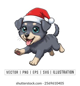 Cute Bernese Mountain Dog Puppy in Santa Hat - Christmas Cartoon Vector Illustration