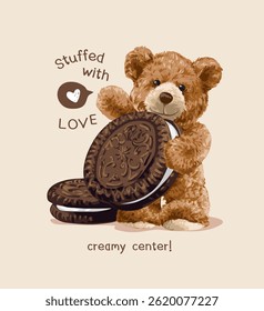 cute berown bear doll with cmreamy chocolate and cream cookie vector illustration