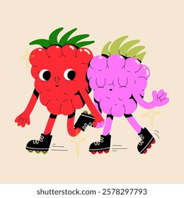 Cute berries couple on roller skates holding hands. Vector isolated trendy raspberries characters illustration. Fruits in love. Friendhip poster. Valentine's day greeting card. Mascot design. 