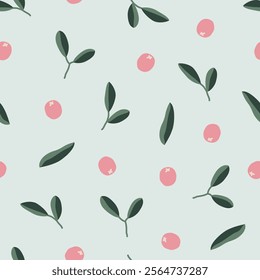 Cute berries elements and leaves. Floral leaf and mistletoe seamless pattern. Christmas texture for card, fabric, wrapping, textile, wallpaper, background, paper gift, scarf, phone case, wrapping.