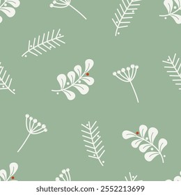 Cute berries elements and leaves. Leaf seamless pattern. Christmas texture for card, fabric, wrapping, textile, wallpaper, background, paper gift, scarf, phone case, wrapping.