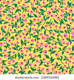 Cute berries with leaves seamless repeat pattern. Random placed, floral botany all over surface print on yellow background.