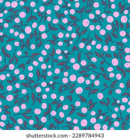 Cute berries with leaves seamless repeat pattern. Random placed, floral botany all over surface print on blue background.