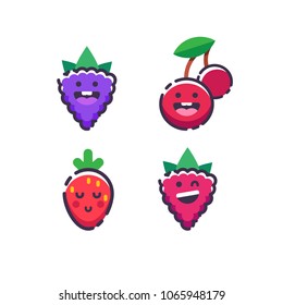 Cute berries: raspberry, strawberry, cherry and blackberry. Set of Emoji berry. Isolated flat vector illustration on white background