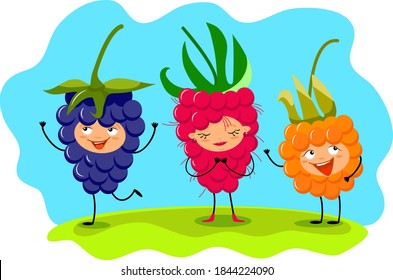 Fresas preciosas - moras negras, frambuesa, mora. Caracteres divertidos de dibujos animados, ilustración de un vector colorido, concepto de comida natural saludable