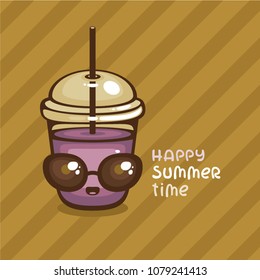 Cute berries  smoothie with sunglasses vector illustration. Fresh summer drink. Comic cartoon character. Template for logo, line drink icon.