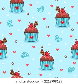 Cute berry chocolate cupcake cartoon vector pattern backgrounds
