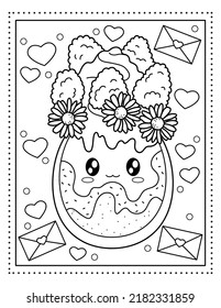 Cute berry dessert in a glass with flowers. Kawaii coloring book. Sweets. Coloring book. Black and white illustration.