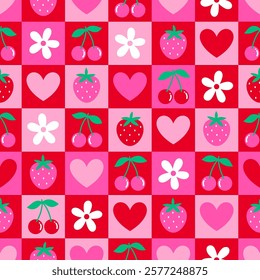 Cute berry, flower, and heart seamless square pattern design for Valentine's Day background.