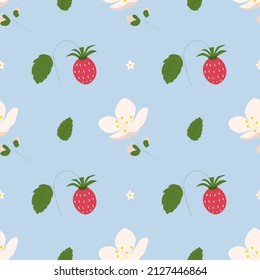 Berry y flores sin costura en un fondo rosa pastel. Berry roja vectorial y flores blancas. Para antecedentes e impresión sobre textiles.