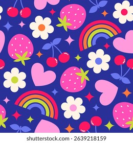 Cute berry fruit, flower, rainbow, heart and star seamless pattern design for spring season background.