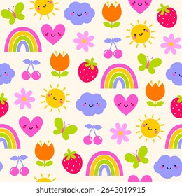 Cute berry fruit, flower, rainbow and natural elements seamless pattern design for spring season background.