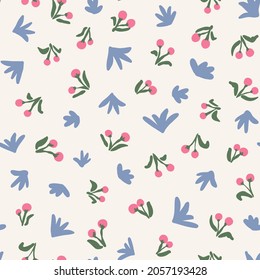 Cute berry and leaves seamless repeat pattern. Random placed, floral botany vector elements all over surface print on beige white background.