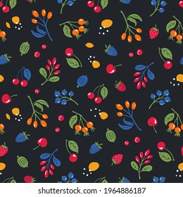 Cute berry seamless pattern. Bright and juicy berries on dark background. Vector shabby hand drawn illustration