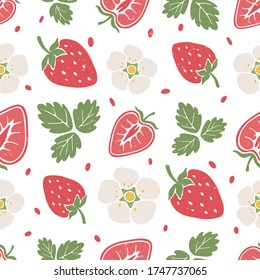 Cute berry seamless pattern. Ripe strawberry, strawberry lobules, flowers and leaves on white background. Vector shabby hand drawn illustration