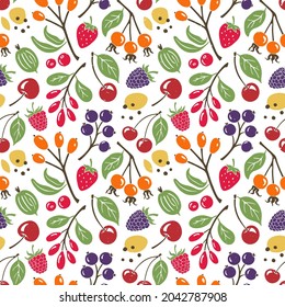 Cute berry seamless pattern. Set of various berries, branches, leaves and seeds. Bright floral hand drawn illustration