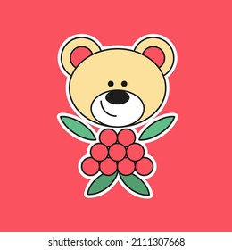 Cute berry Teddy bear Sticker on red background.Vector flat childrens cartoon illustration for printables.