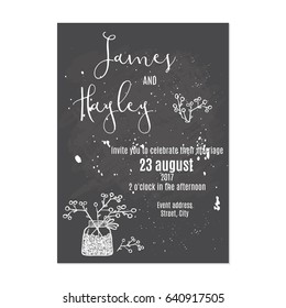 Cute berry twigs. Wedding invitation card template vector. Grunge style.