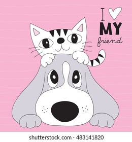 cute best friends cat and dog vector illustration