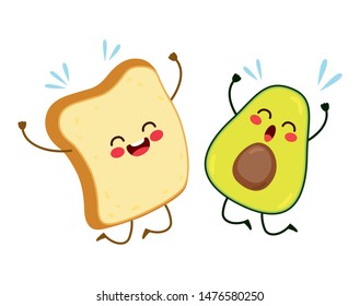 Cute best friends toast and avocado characters jumping happy svg