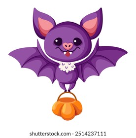 Cute bet carrying Halloween candy bag flat color vector illustration. Spooky flying animal trick or teat character icon on white background