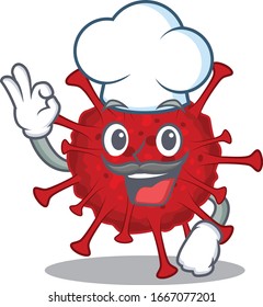 Cute betacoronavirus cartoon character wearing white chef hat