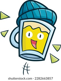 Cute beverage cartoon character wearing hat and jumping cartoon illustration