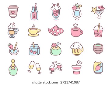 Süßes Getränk-Icon-Set. Sammlung von Getränkesymbolen, darunter Kaffee, Tee, Smoothies, Cocktails, Milchshakes und Soda, in sanften Pastellfarben mit abgerundeten Umrissen für Café-Menüs, Verpackungen, soziale Medien und dekorative Projekte. Kawaii-Aufkleber. Vektor 10 EPS.