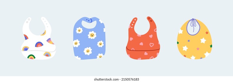 Cute bib set for baby feeding. Breastplate with various playful patterns like rainbow, flowers, heart, stars. Different types of apron from textile, silicone, tissue. All items are isolated svg