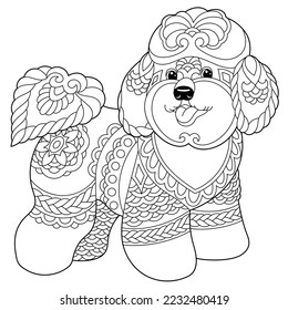 Cute bichon frise dog. Adult coloring book page in mandala style