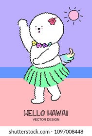 Cute Bichon frise dog dancing on the beach. Hawaii Hula girl. Vector illustration character design in summer theme. Summer holiday greeting card design.
