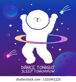 Cute Bichon frise dog dancing with galaxy space background. Vector illustration character design. Happy Holiday greeting card design.