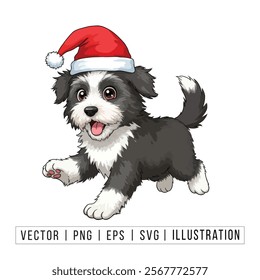 Cute Bichon Frise Puppy in Santa Hat - Christmas Cartoon Vector Illustration